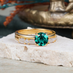 Round Cut Emerald Solitaire Ring with Wedding Band Bridal Set