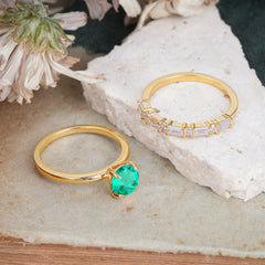 Round Cut Emerald Solitaire Ring with Wedding Band Bridal Set