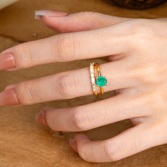 Round Cut Emerald Solitaire Ring with Wedding Band Bridal Set