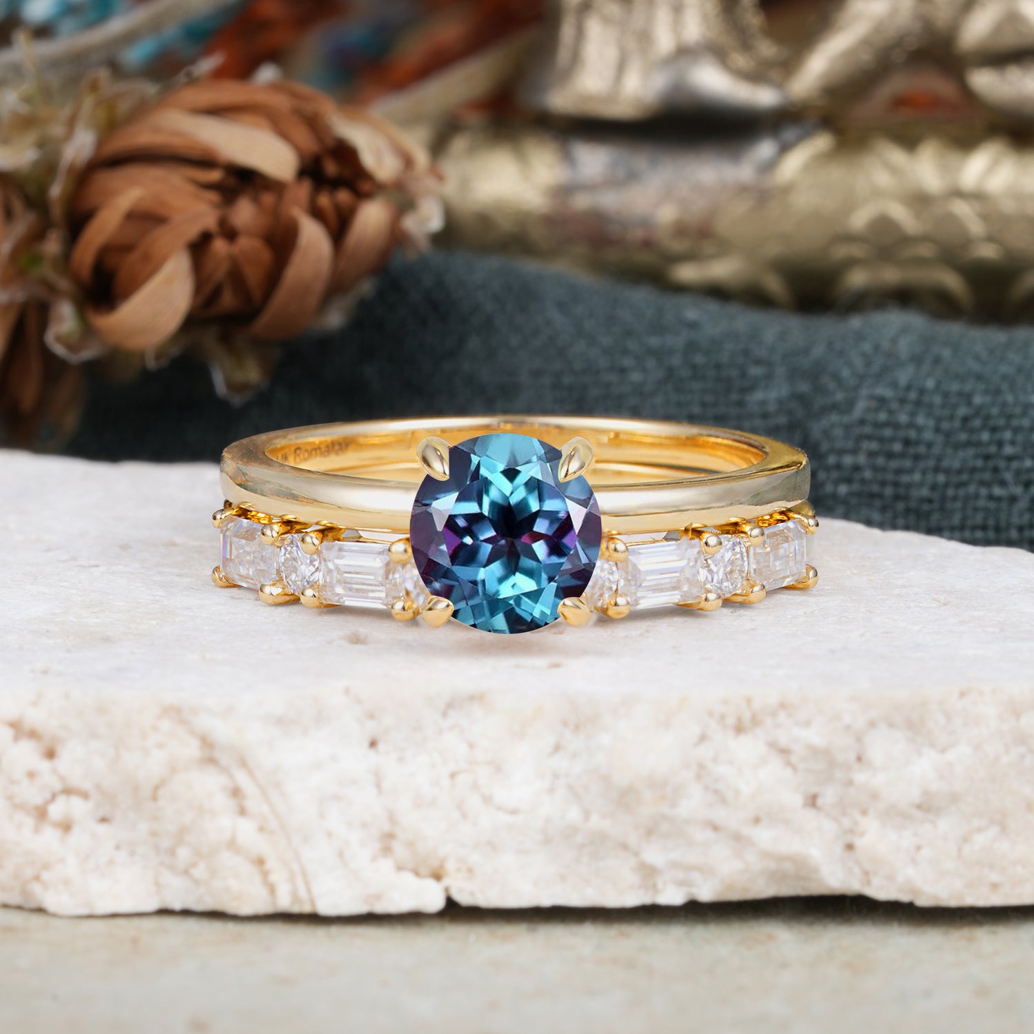 Classic 4 Prong Round Cut Alexandrite Solitaire Bridal Ring Set
