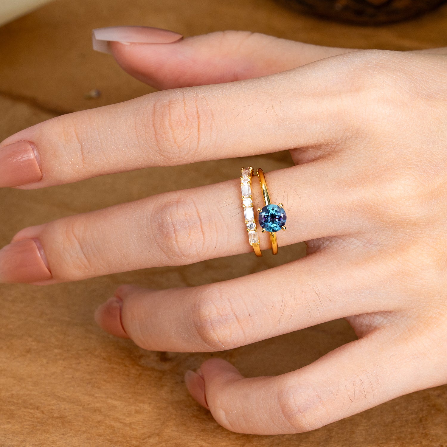 Classic 4 Prong Round Cut Alexandrite Solitaire Bridal Ring Set