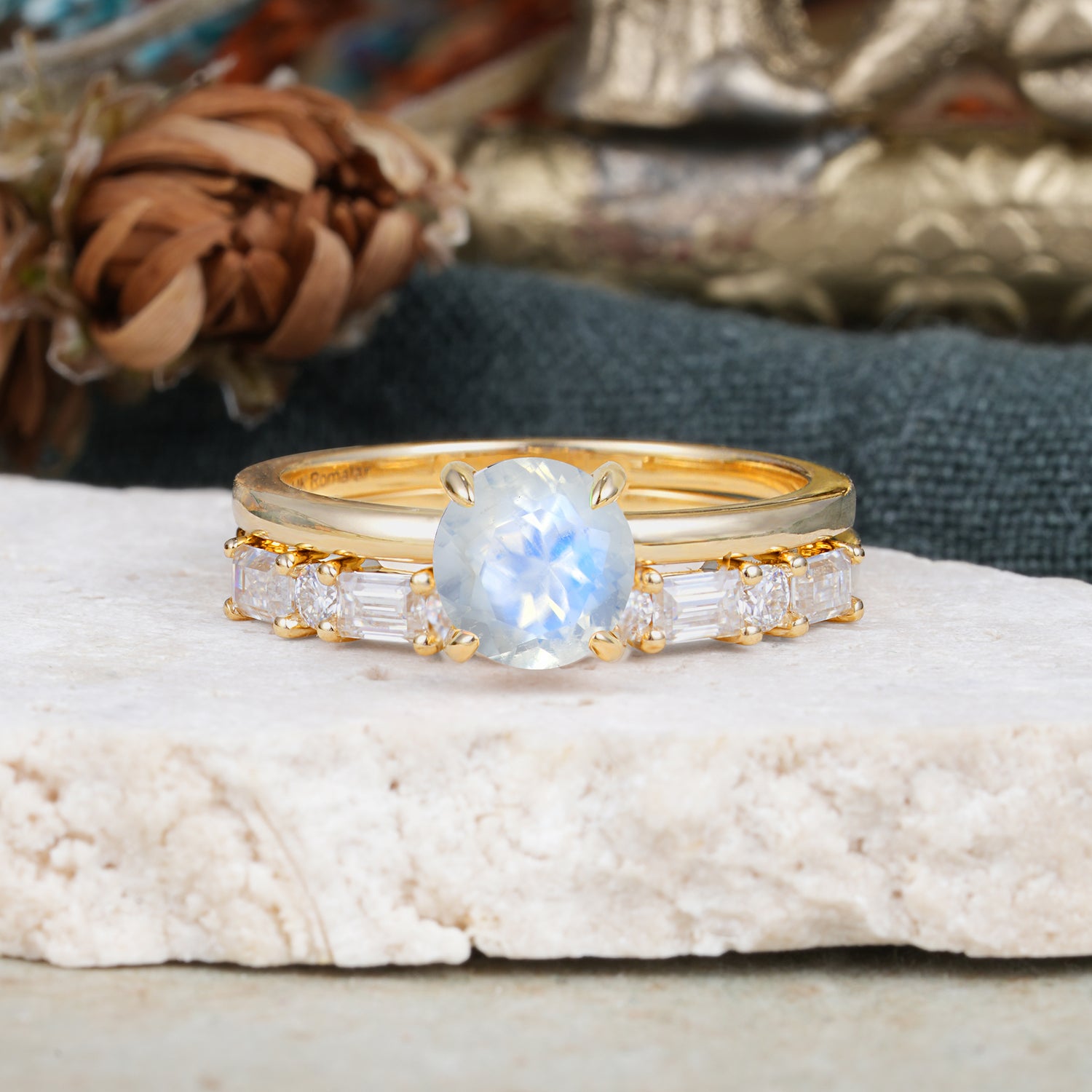 Classic 4 Prong Round Cut Moonstone Solitaire Bridal Ring Set