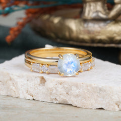 4 Prong Round Cut Moonstone Solitaire Ring with Wedding Band Bridal Set