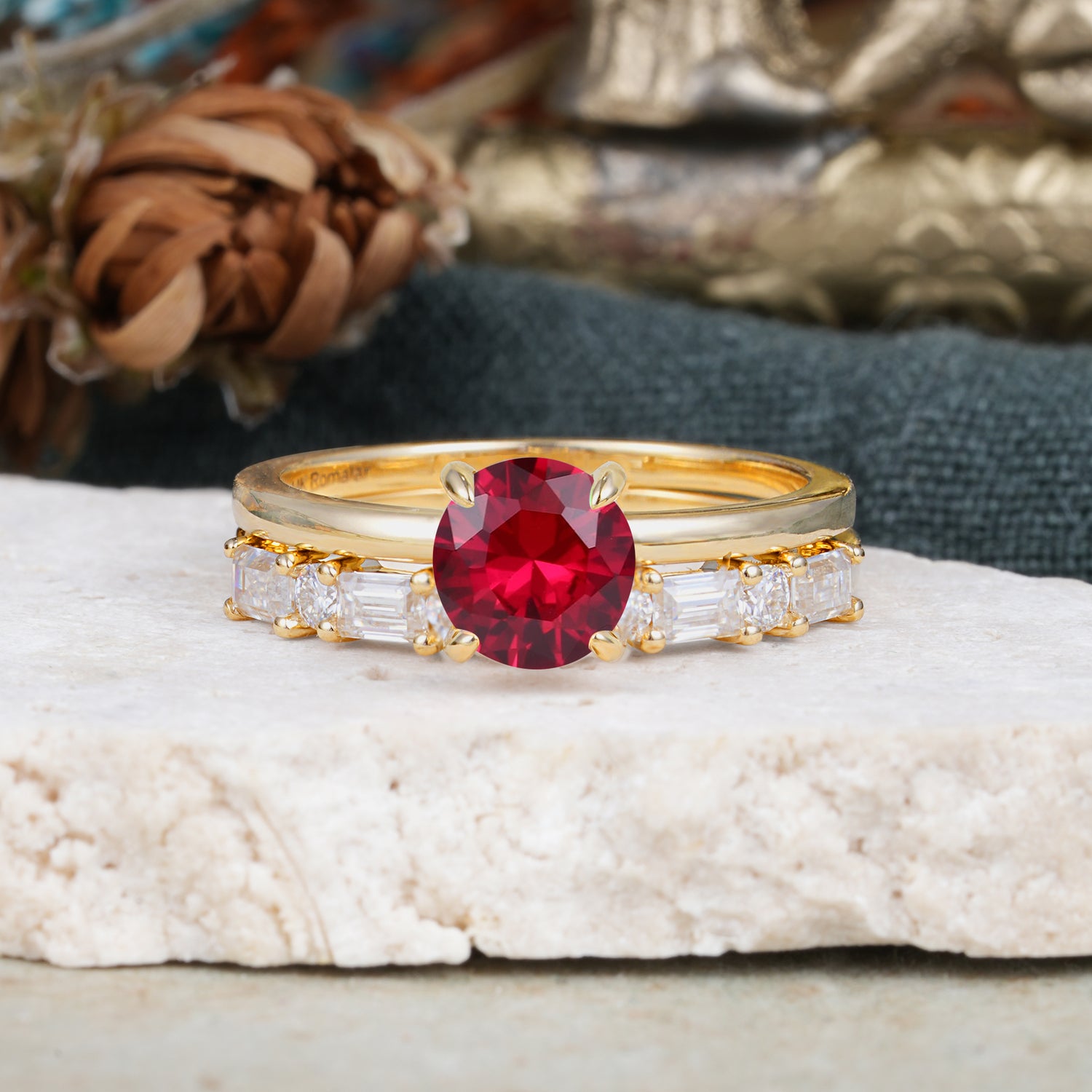 Classic 4 Prong Round Cut Ruby Solitaire Bridal Ring Set