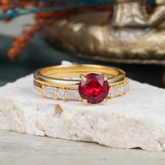 4 Prong Round Cut Ruby Solitaire Ring with Wedding Band Bridal Set