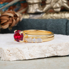 4 Prong Round Cut Ruby Solitaire Ring with Wedding Band Bridal Set