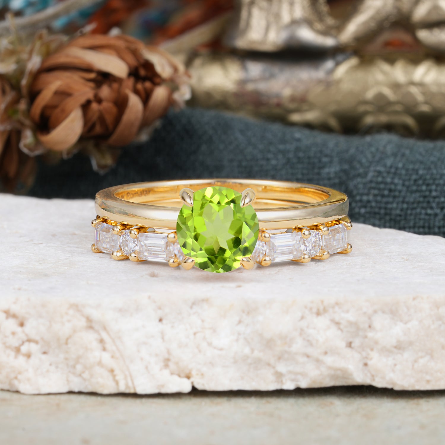 Classic 4 Prong Round Cut Peridot Solitaire Bridal Ring Set