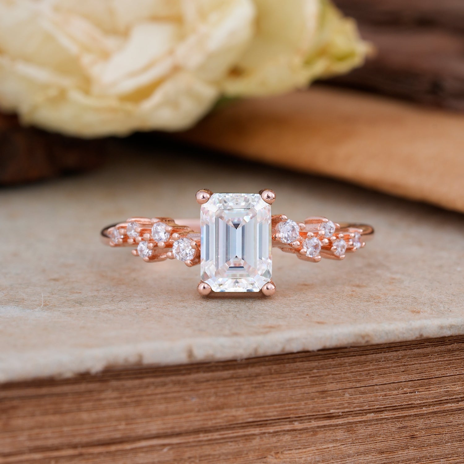 1CT Emerald Cut Moissanite Half Eternity Dainty Engagement Ring