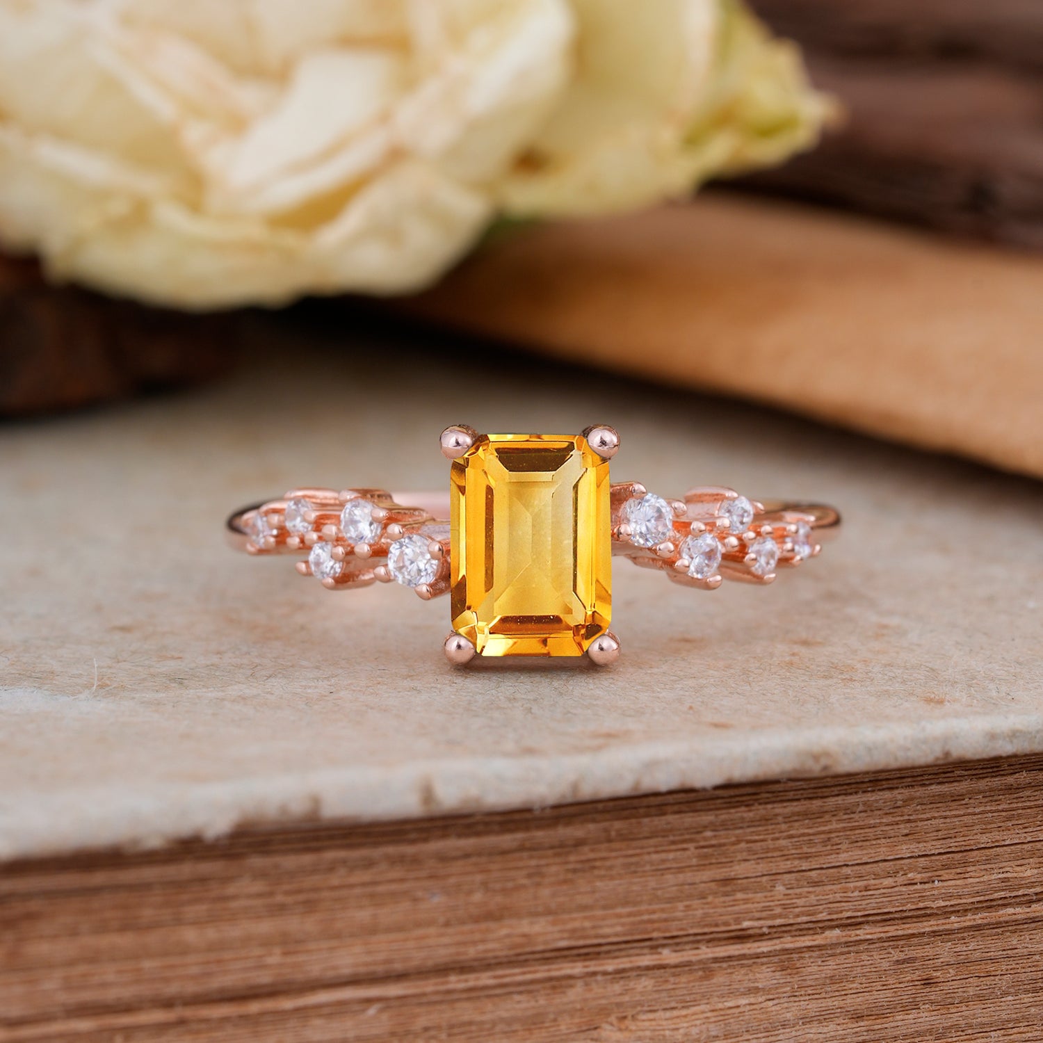 1CT Emerald Cut Citrine Half Eternity Dainty Stacking Engagement Ring