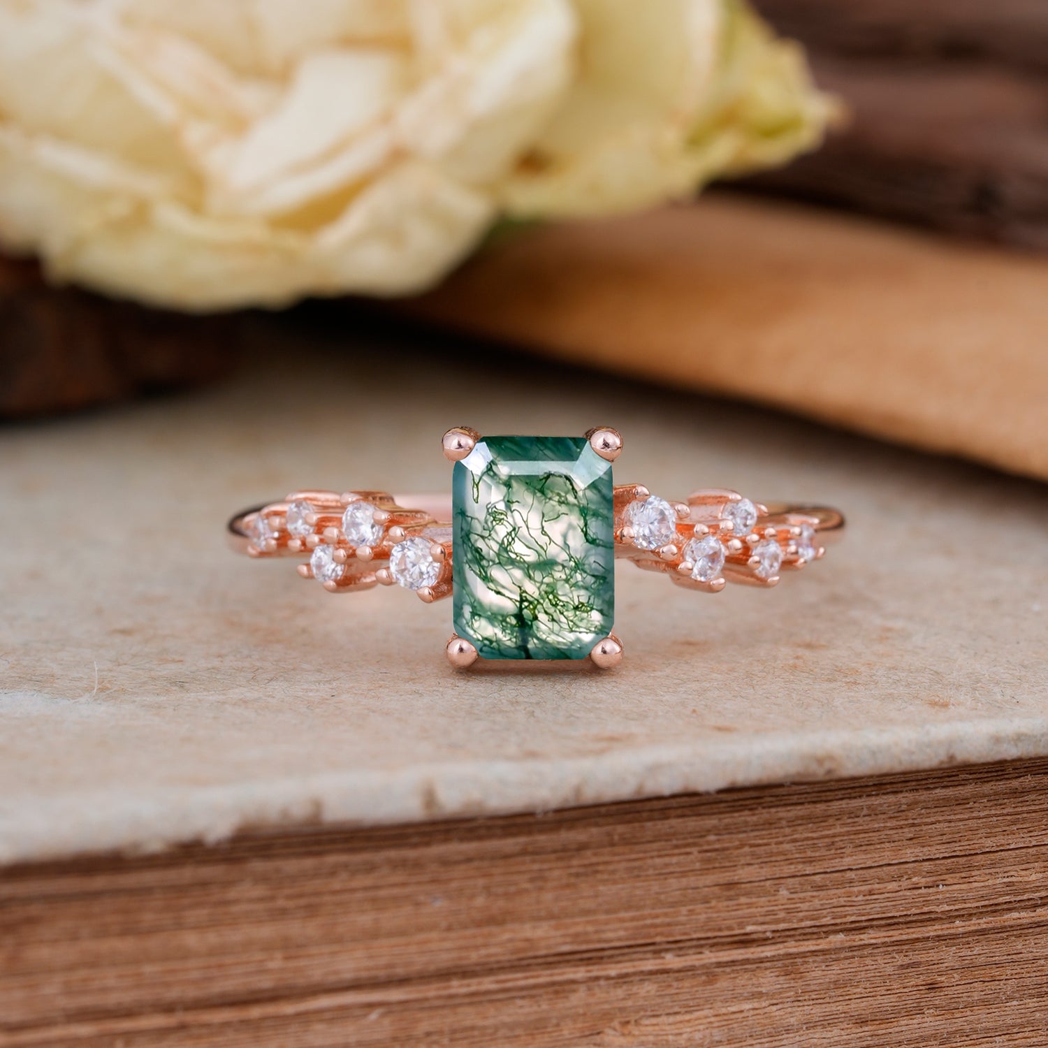 1CT Emerald Cut Moss Agate Half Eternity Dainty Stacking Engagement Ring