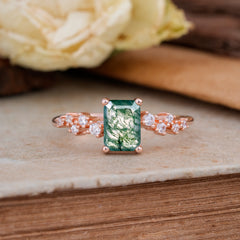 1CT Emerald Cut Moss Agate Wedding Band Half Eternity Dainty Stacking Engagement Ring