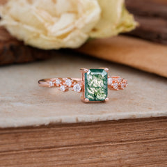 1CT Emerald Cut Moss Agate Wedding Band Half Eternity Dainty Stacking Engagement Ring