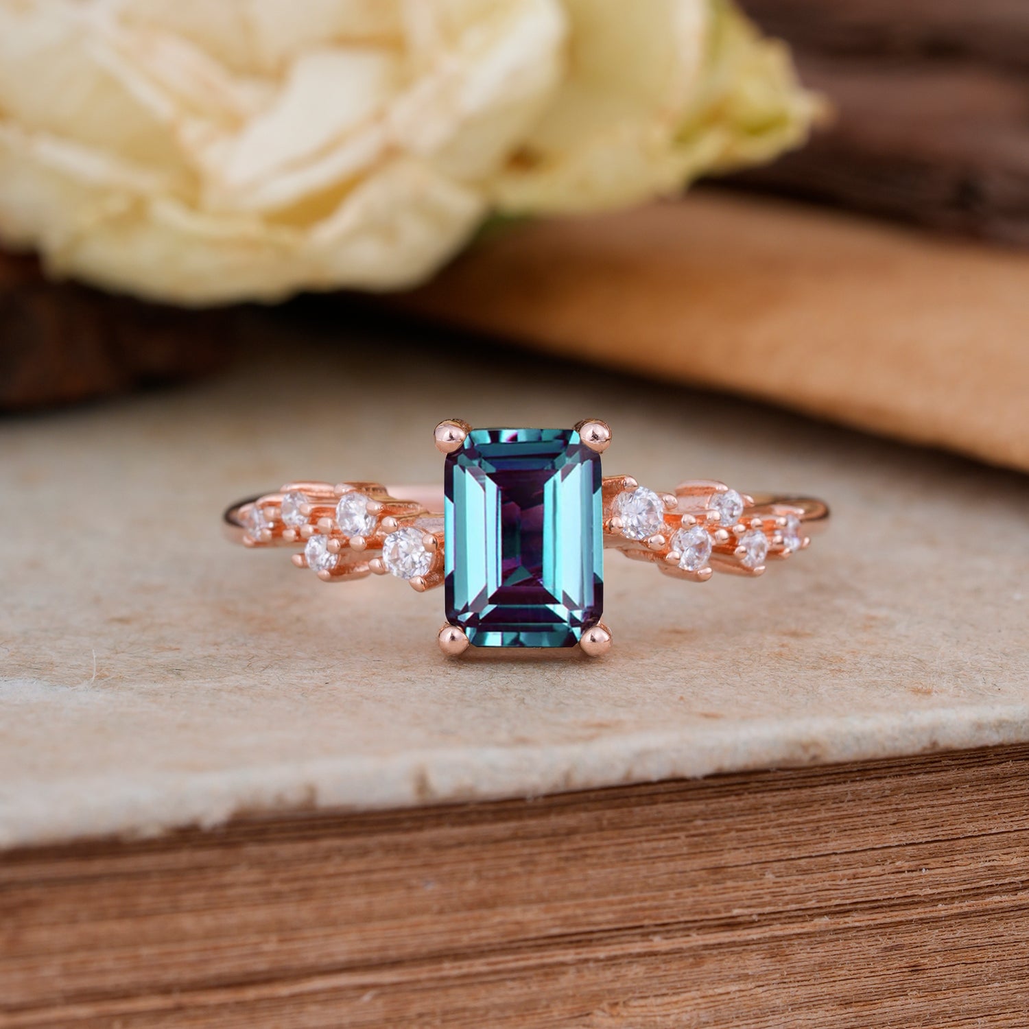 1CT Emerald Cut Alexandrite Half Eternity Dainty Stacking Engagement Ring