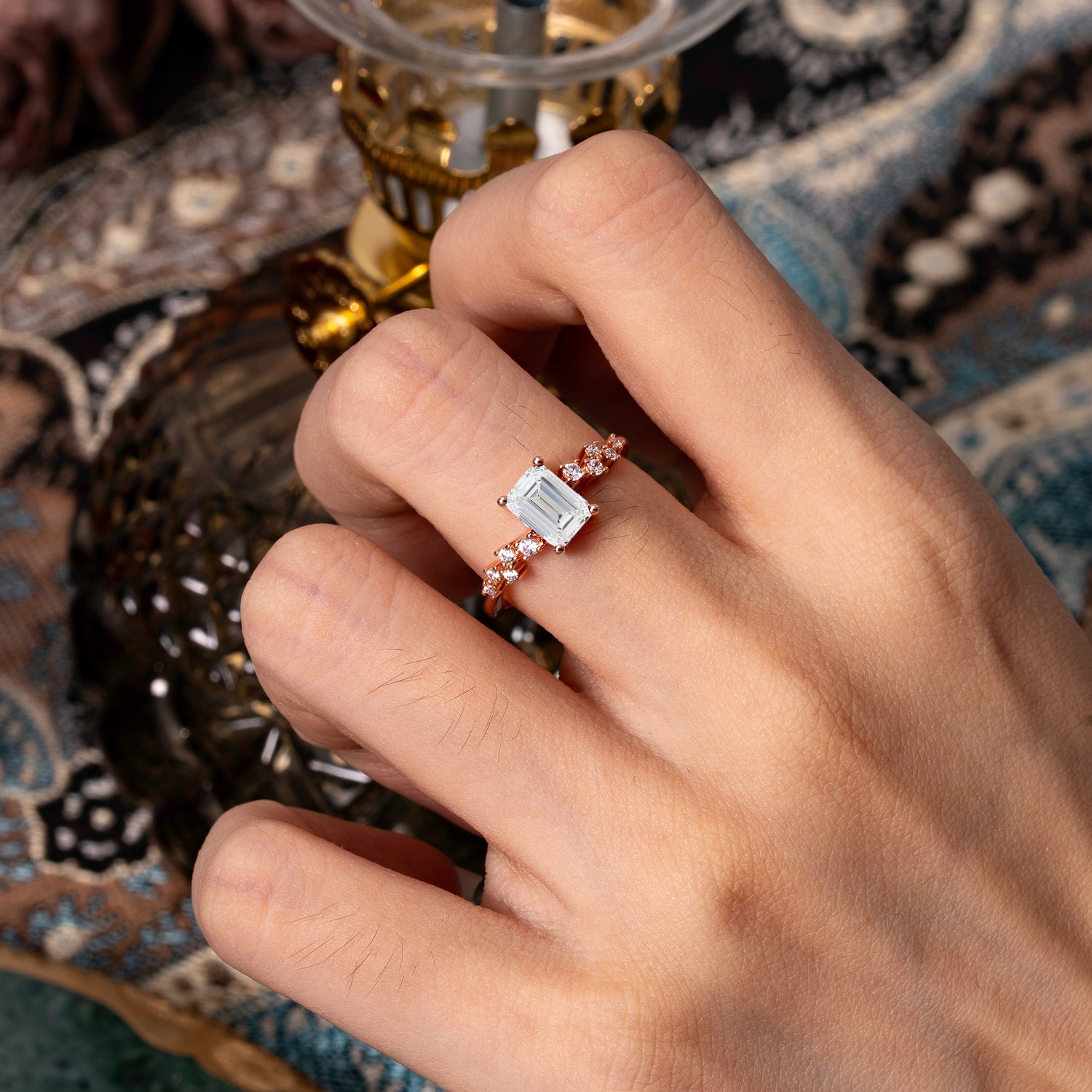 1CT Emerald Cut Moissanite Half Eternity Dainty Engagement Ring