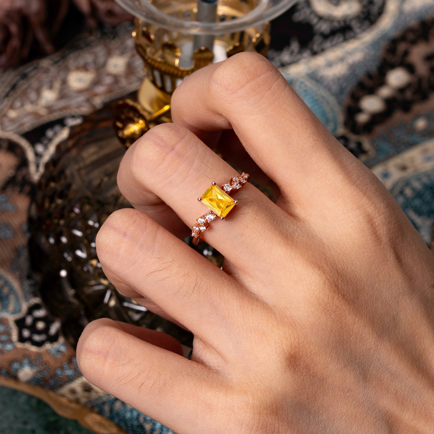 1CT Emerald Cut Citrine Half Eternity Dainty Stacking Engagement Ring
