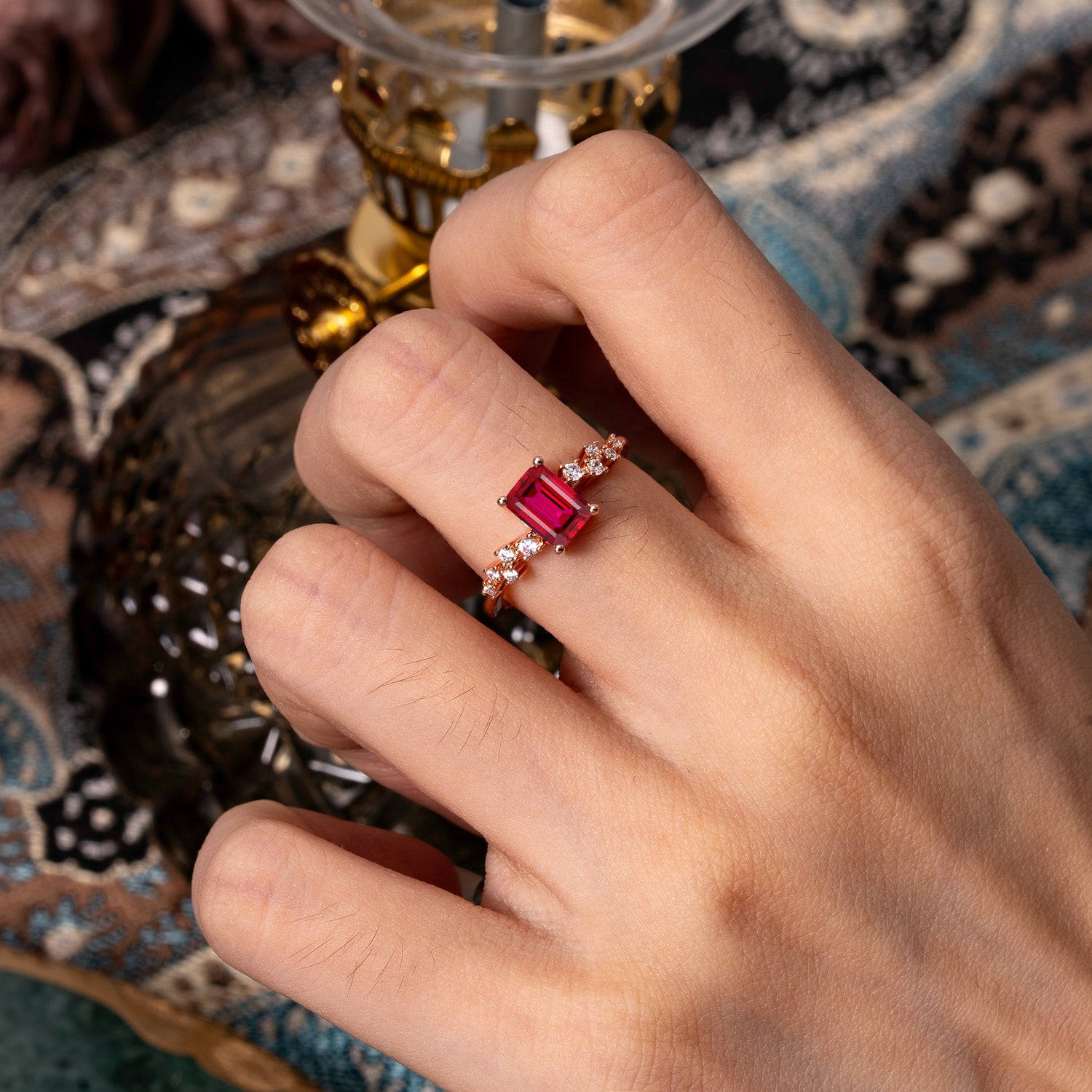 1CT Emerald Cut Ruby Half Eternity Dainty Stacking Engagement Ring
