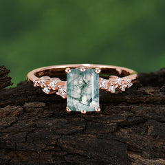 2 Carat Emerald Cut Moss Agate Wedding Ring Classic Side Stone Promise Ring