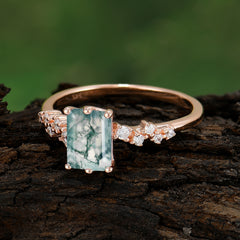 2 Carat Emerald Cut Moss Agate Wedding Ring Classic Side Stone Promise Ring