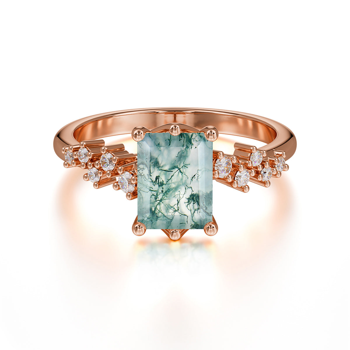 2 Carat Emerald Cut Moss Agate Wedding Ring Classic Side Stone Promise Ring