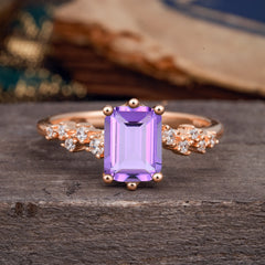 2 Carat Emerald Cut Amethyst Wedding Ring Classic Side Stone Promise Ring