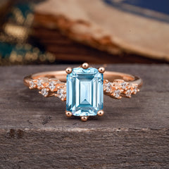 2 Carat Emerald Cut Aquamarine Wedding Ring Classic Side Stone Promise Ring