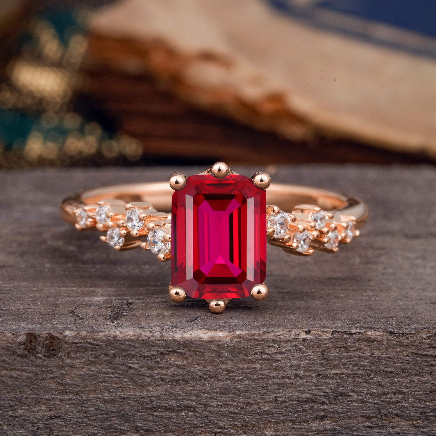 2 Carat Emerald Cut Ruby Engagement Ring Classic Side Stone Promise Ring