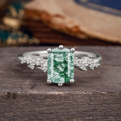 2 Carat Emerald Cut Moss Agate Wedding Ring Classic Side Stone Promise Ring