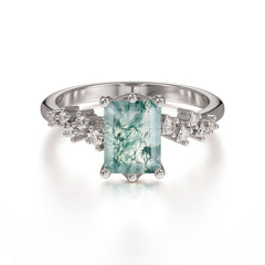 2 Carat Emerald Cut Moss Agate Wedding Ring Classic Side Stone Promise Ring
