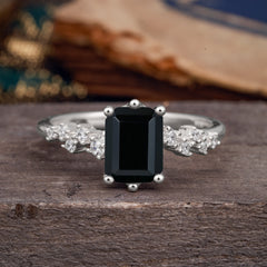 2 Carat Emerald Cut Black Onyx Wedding Ring Classic Side Stone Promise Ring