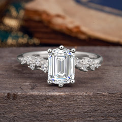 2 Carat Emerald Cut Lab Diamond Wedding Ring Classic Side Stone Promise Ring