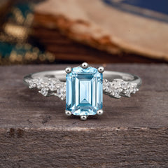 2 Carat Emerald Cut Aquamarine Wedding Ring Classic Side Stone Promise Ring