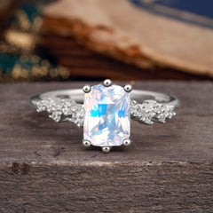 2 Carat Emerald Cut Moonstone Wedding Ring Classic Side Stone Promise Ring