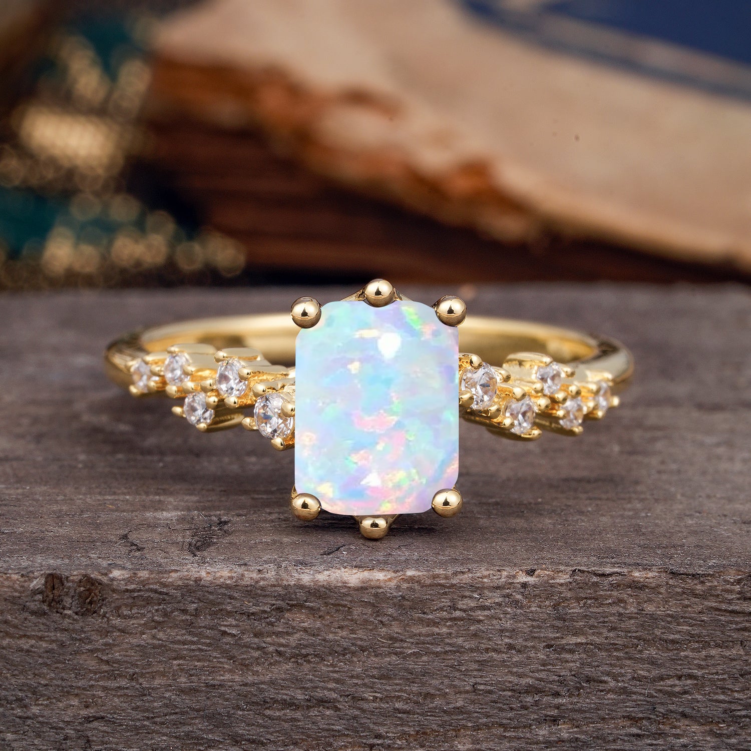 2 Carat Emerald Cut Opal Engagement Ring Classic Side Stone Promise Ring
