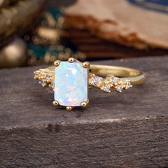 2 Carat Emerald Cut Opal Wedding Ring Classic Side Stone Promise Ring