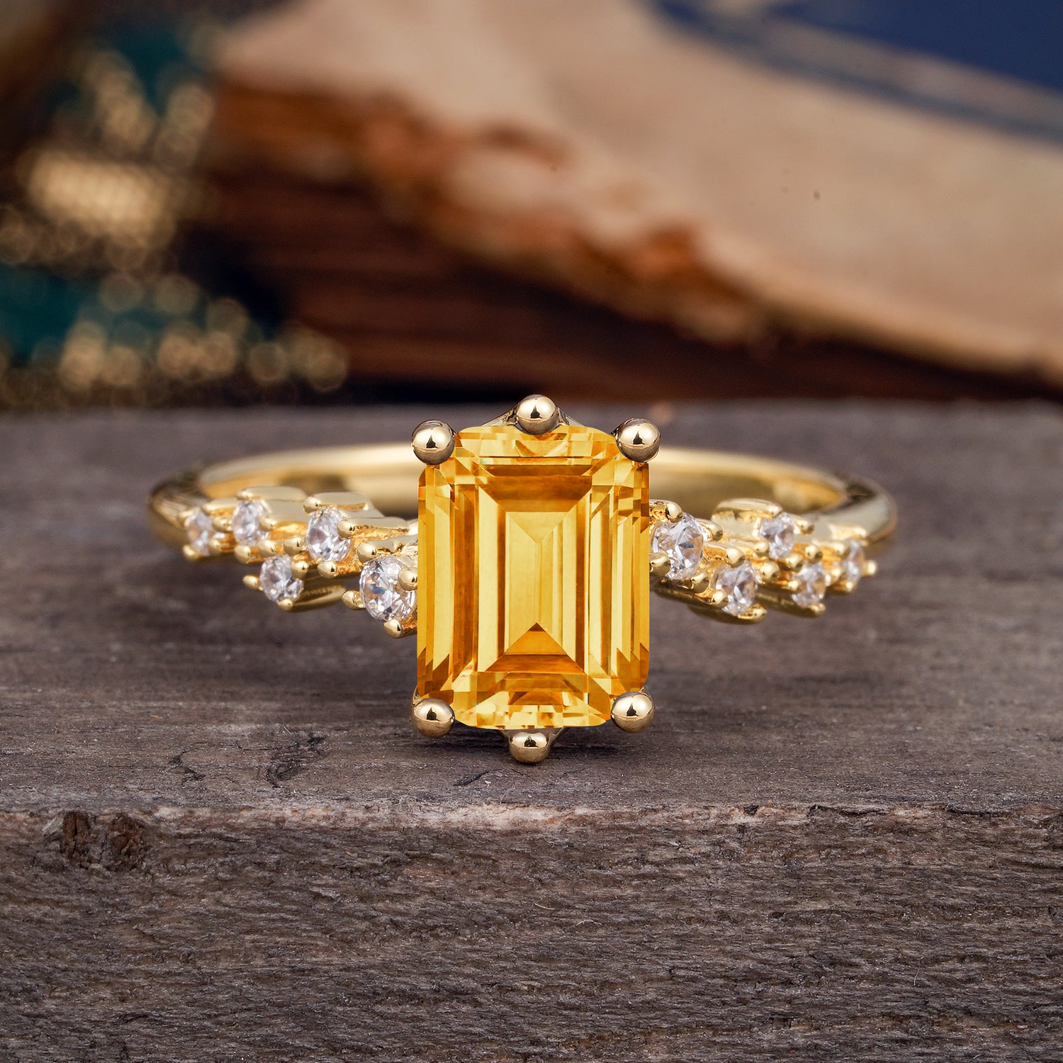 2 Carat Emerald Cut Citrine Engagement Ring Classic Side Stone Promise Ring