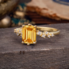 2 Carat Emerald Cut Citrine Wedding Ring Classic Side Stone Promise Ring