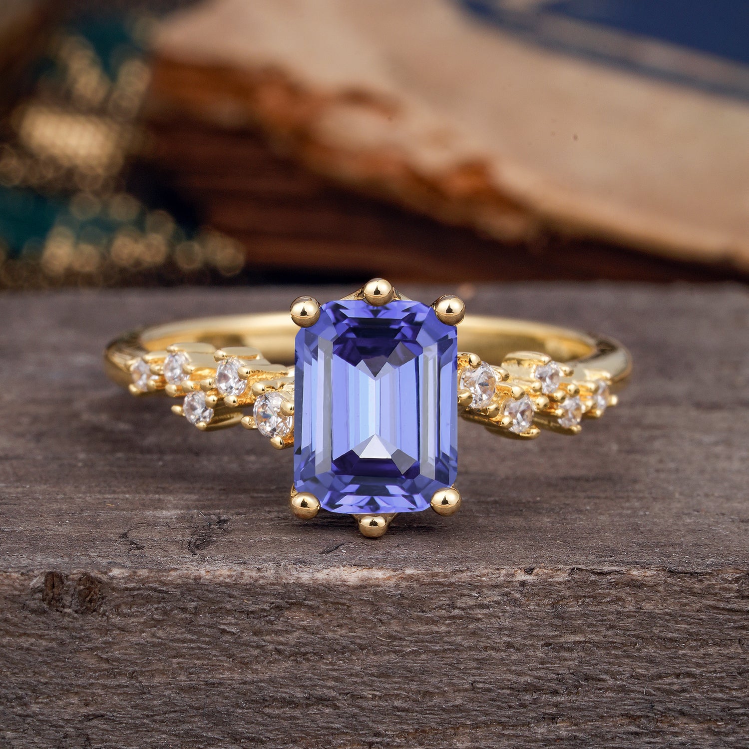 2 Carat Emerald Cut Tanzanite Engagement Ring Classic Side Stone Promise Ring