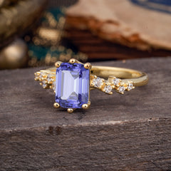 2 Carat Emerald Cut Tanzanite Wedding Ring Classic Side Stone Promise Ring