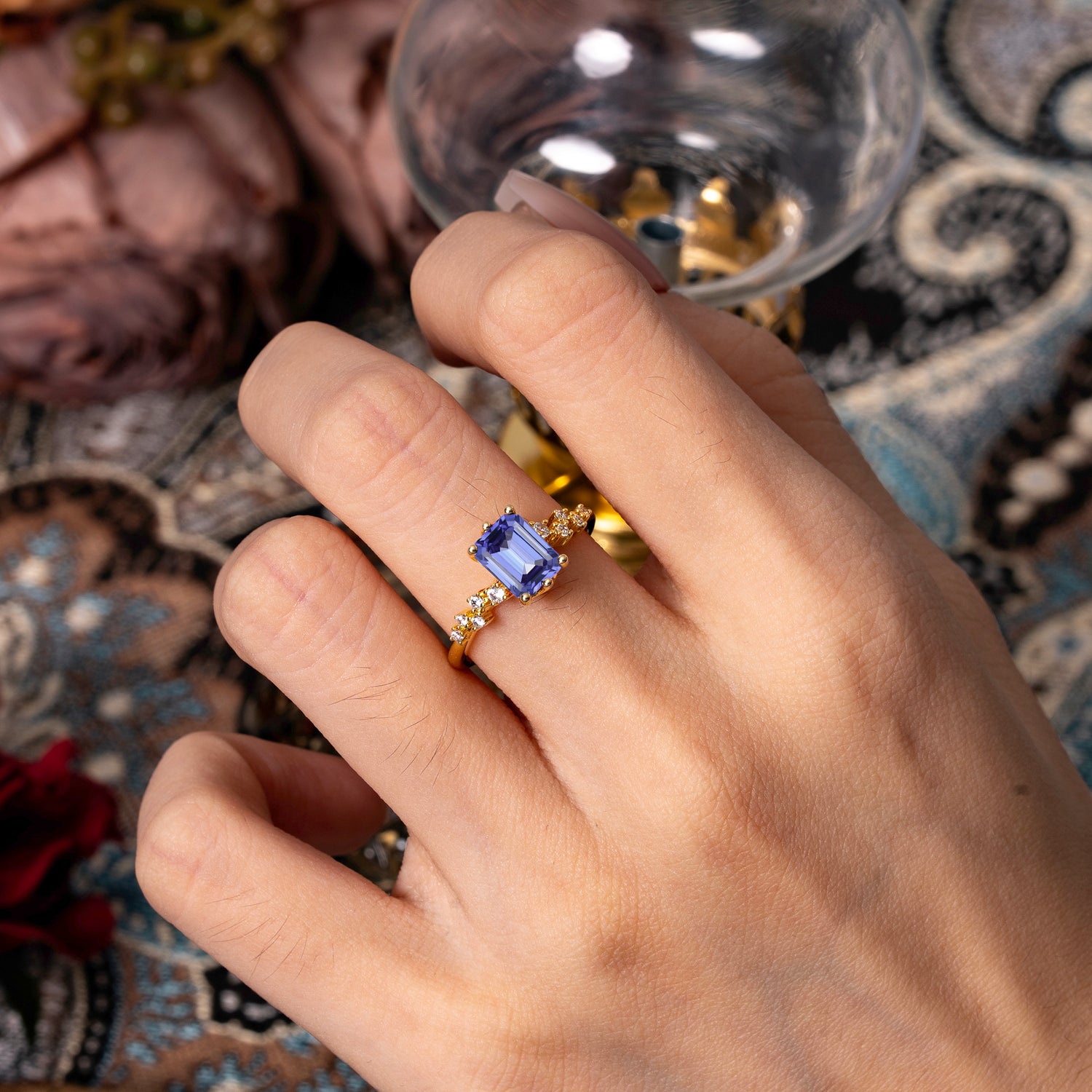 2 Carat Emerald Cut Tanzanite Engagement Ring Classic Side Stone Promise Ring
