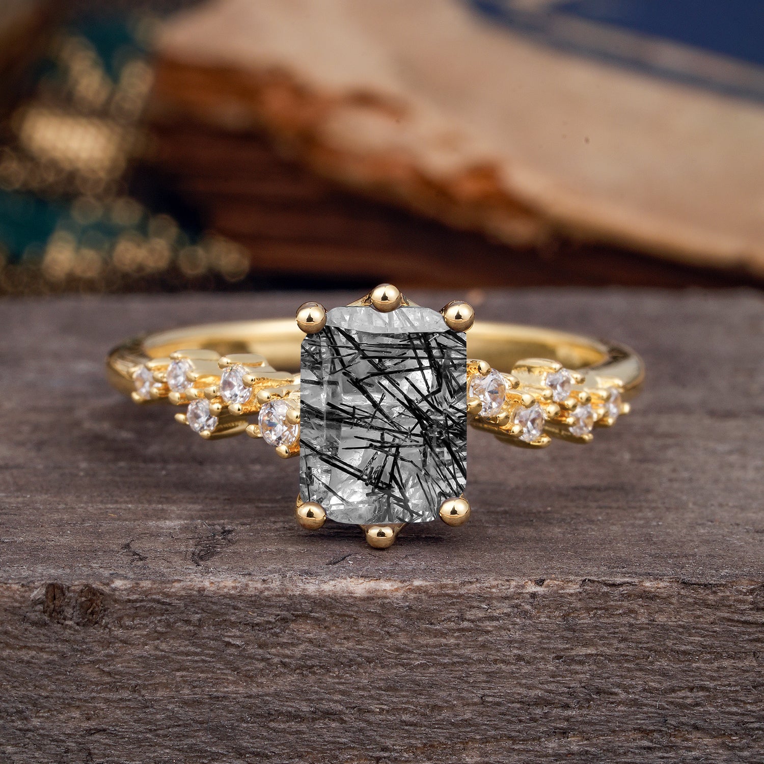 2 Carat Emerald Cut Black Rutilated Quartz Engagement Ring Classic Side Stone Promise Ring