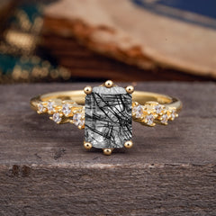 2 Carat Emerald Cut Black Rutilated Quartz Wedding Ring Classic Side Stone Promise Ring