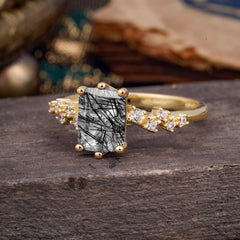 2 Carat Emerald Cut Black Rutilated Quartz Wedding Ring Classic Side Stone Promise Ring
