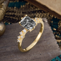 2 Carat Emerald Cut Black Rutilated Quartz Wedding Ring Classic Side Stone Promise Ring