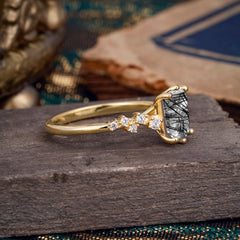 2 Carat Emerald Cut Black Rutilated Quartz Wedding Ring Classic Side Stone Promise Ring