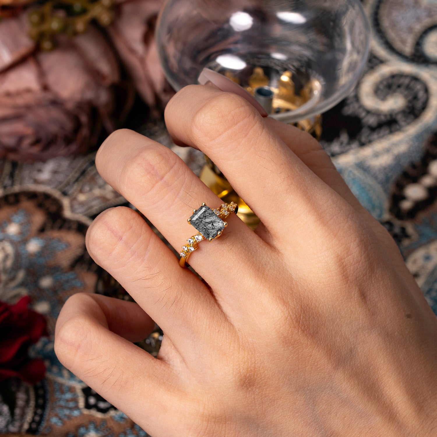 2 Carat Emerald Cut Black Rutilated Quartz Engagement Ring Classic Side Stone Promise Ring