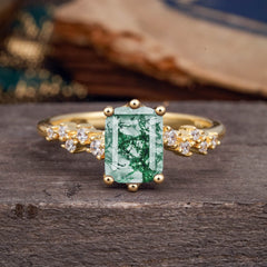 2 Carat Emerald Cut Moss Agate Wedding Ring Classic Side Stone Promise Ring