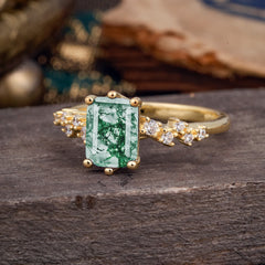 2 Carat Emerald Cut Moss Agate Wedding Ring Classic Side Stone Promise Ring