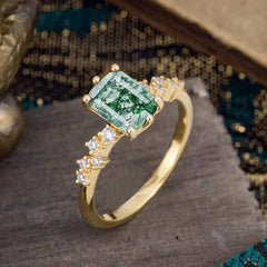 2 Carat Emerald Cut Moss Agate Wedding Ring Classic Side Stone Promise Ring