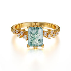 2 Carat Emerald Cut Moss Agate Wedding Ring Classic Side Stone Promise Ring