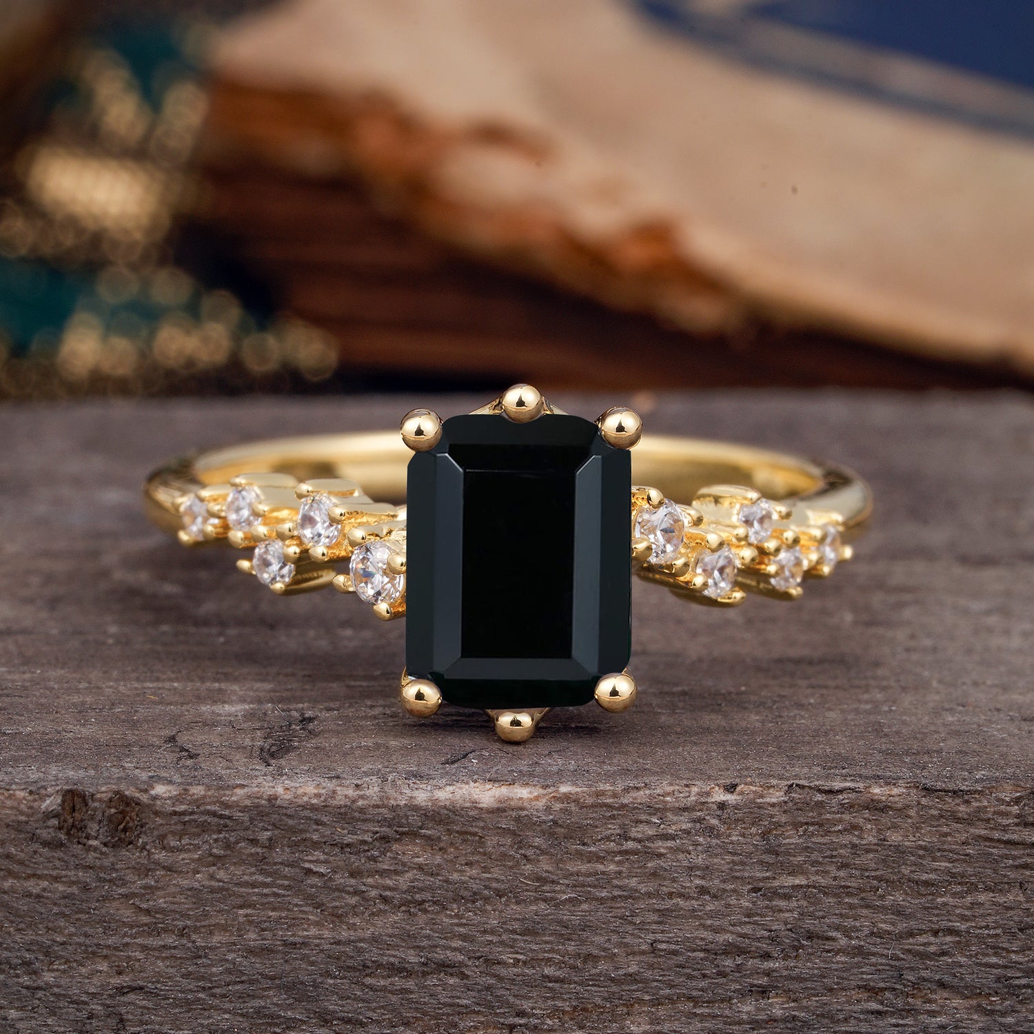 2 Carat Emerald Cut Black Onyx Engagement Ring Classic Side Stone Promise Ring